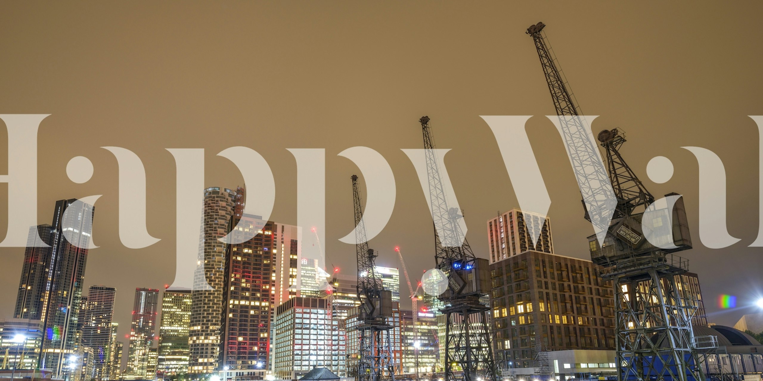 Stadsfotobehang met een skyline die 's avonds wordt verlicht met fonkelende lichtjes en kraanvogels