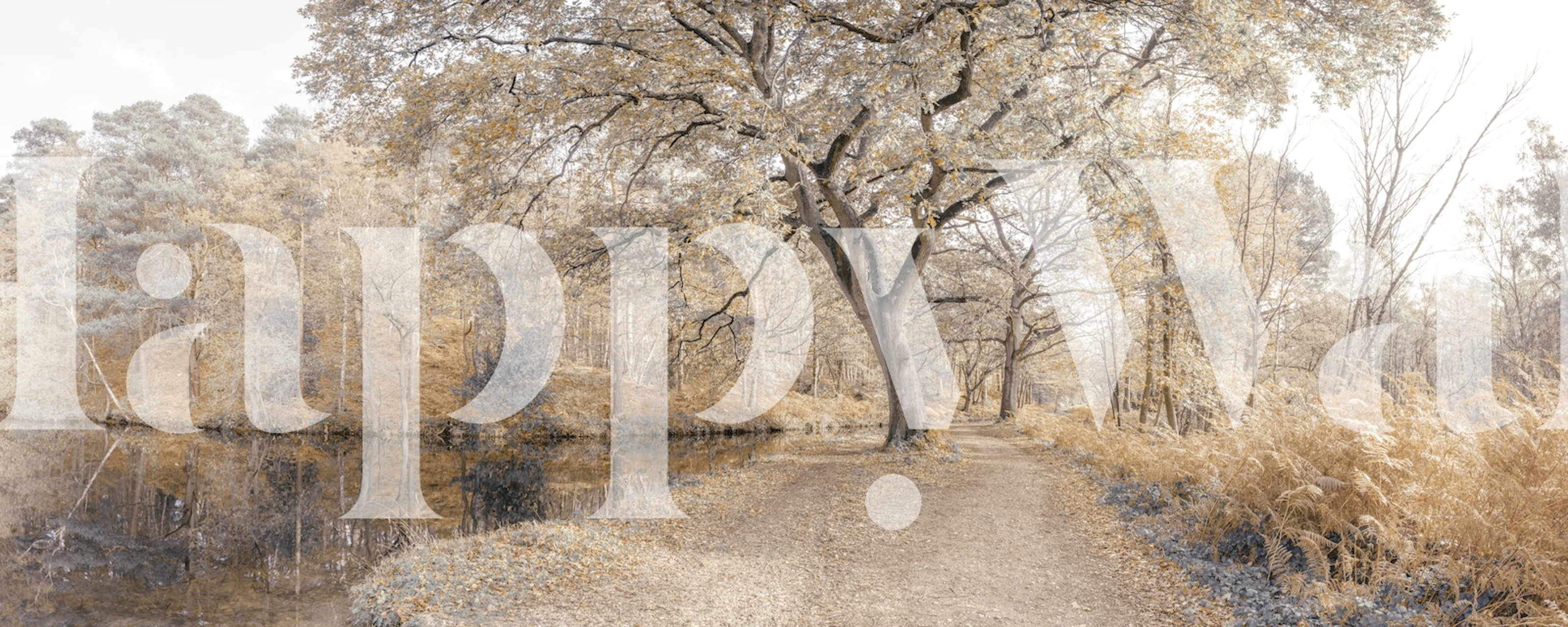 Tranquil canal surrounded by trees in soft beige tones wallpaper