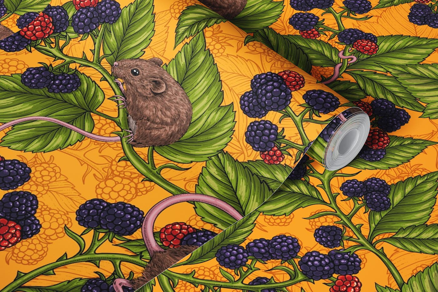 Mice and blackberries on yellow wallpaper roll