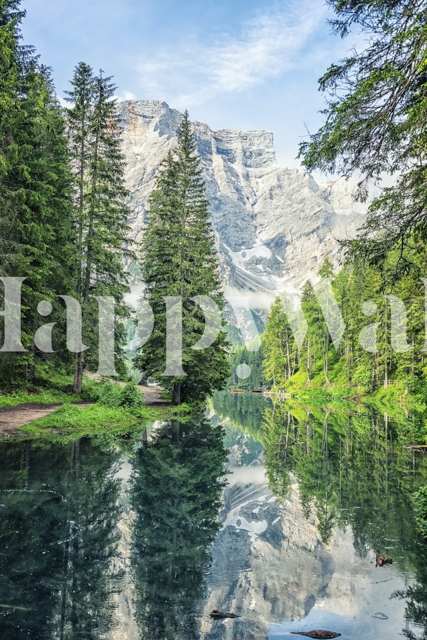 Mountain lake surrounded by trees with blue skies wallpaper