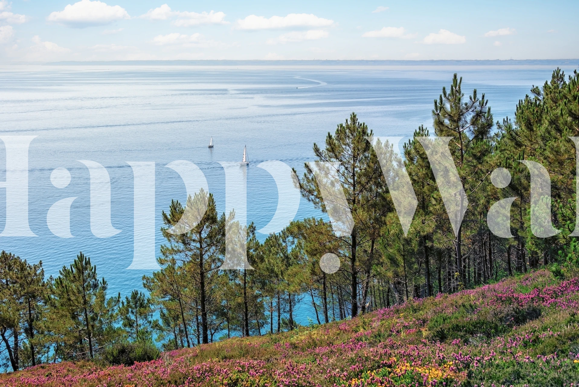 Coastal floral landscape with purple flowers and blue sea wallpaper