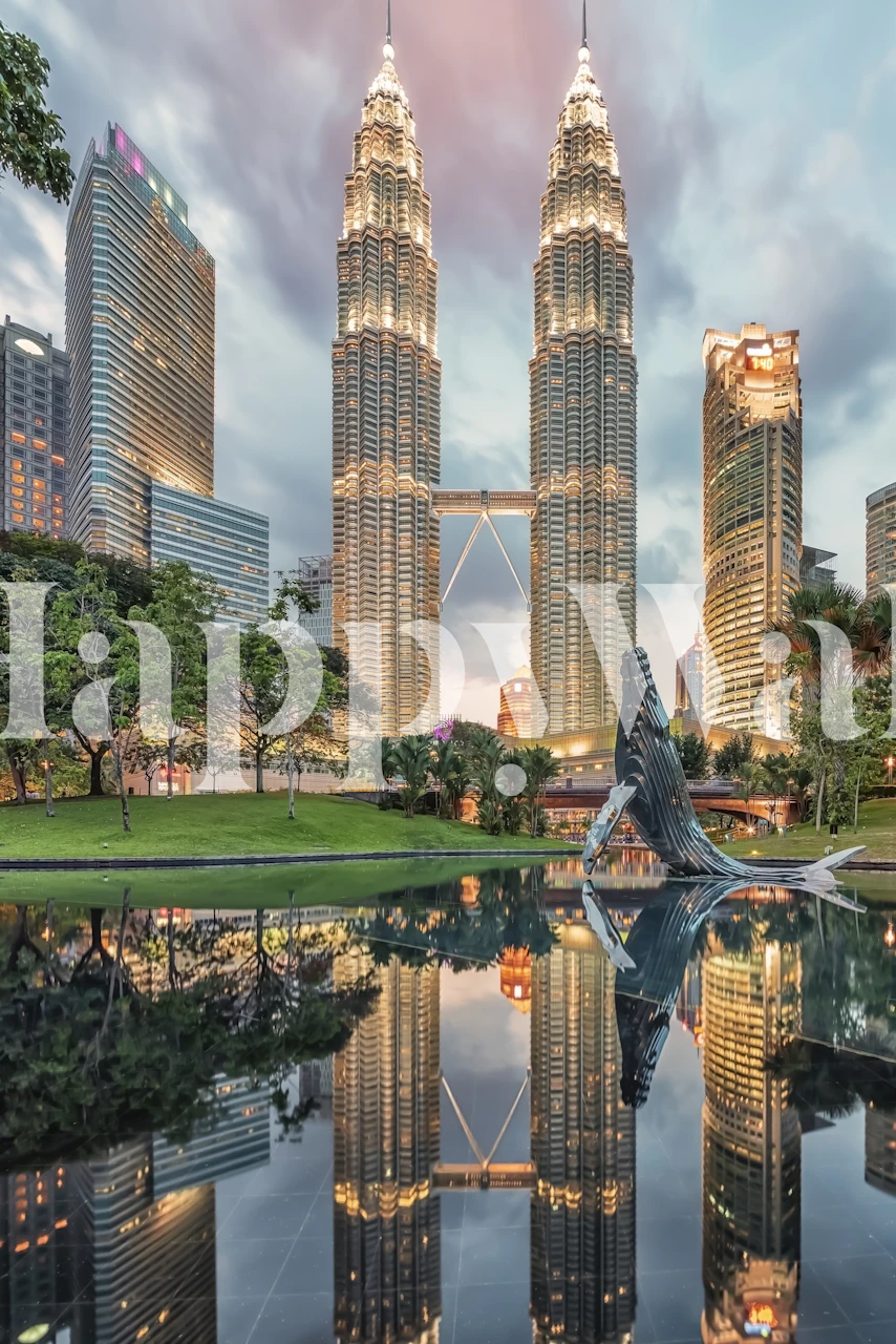 Kuala Lumpur cityscape featuring Petronas Towers, reflecting in water, modern wallpaper