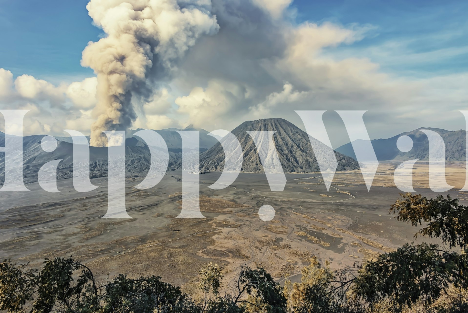 Volcanic landscape with Bromo Caldera in gray tones wallpaper