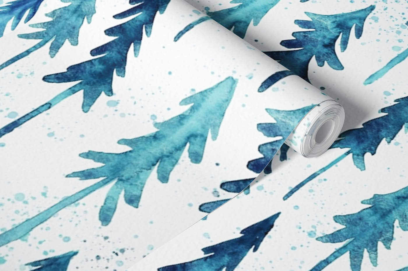 Watercolor Blue Pine Trees wallpaper roll