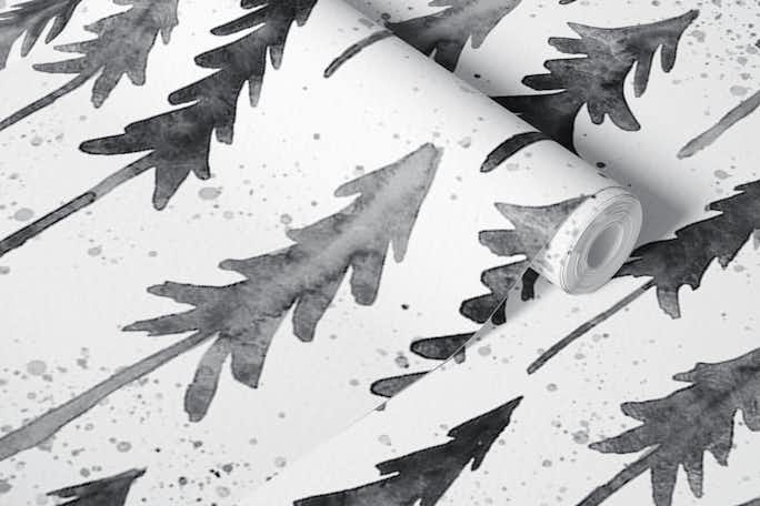 Watercolor Pine Trees Black and Whitewallpaper roll