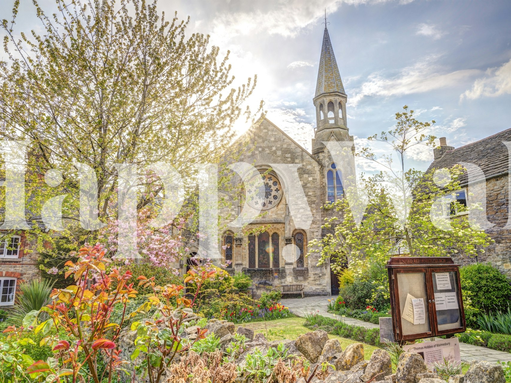 Divine Serenity church and garden wall mural with sunlight filtering through trees