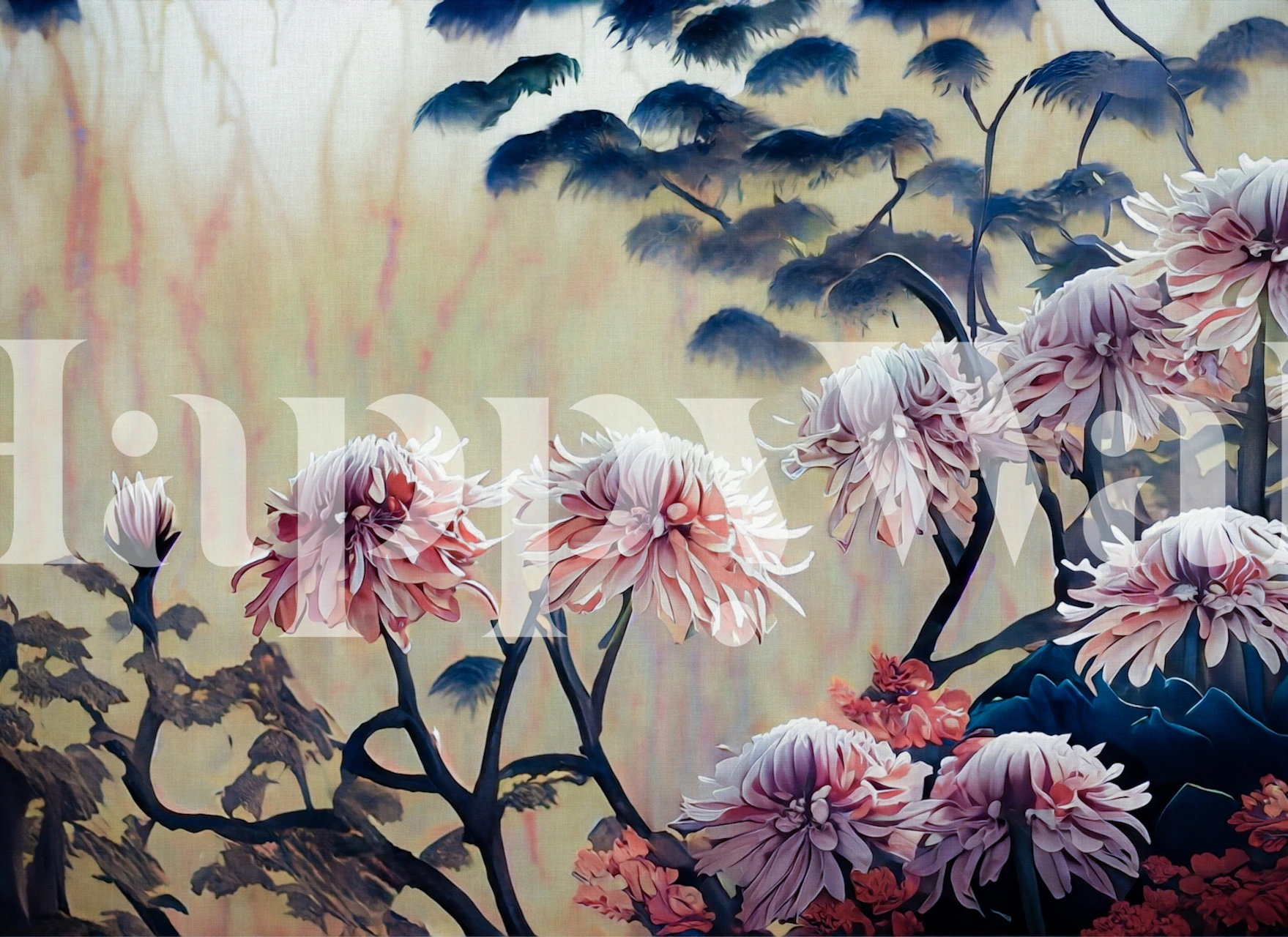 Asian fall floral wallpaper design displayed in a room.