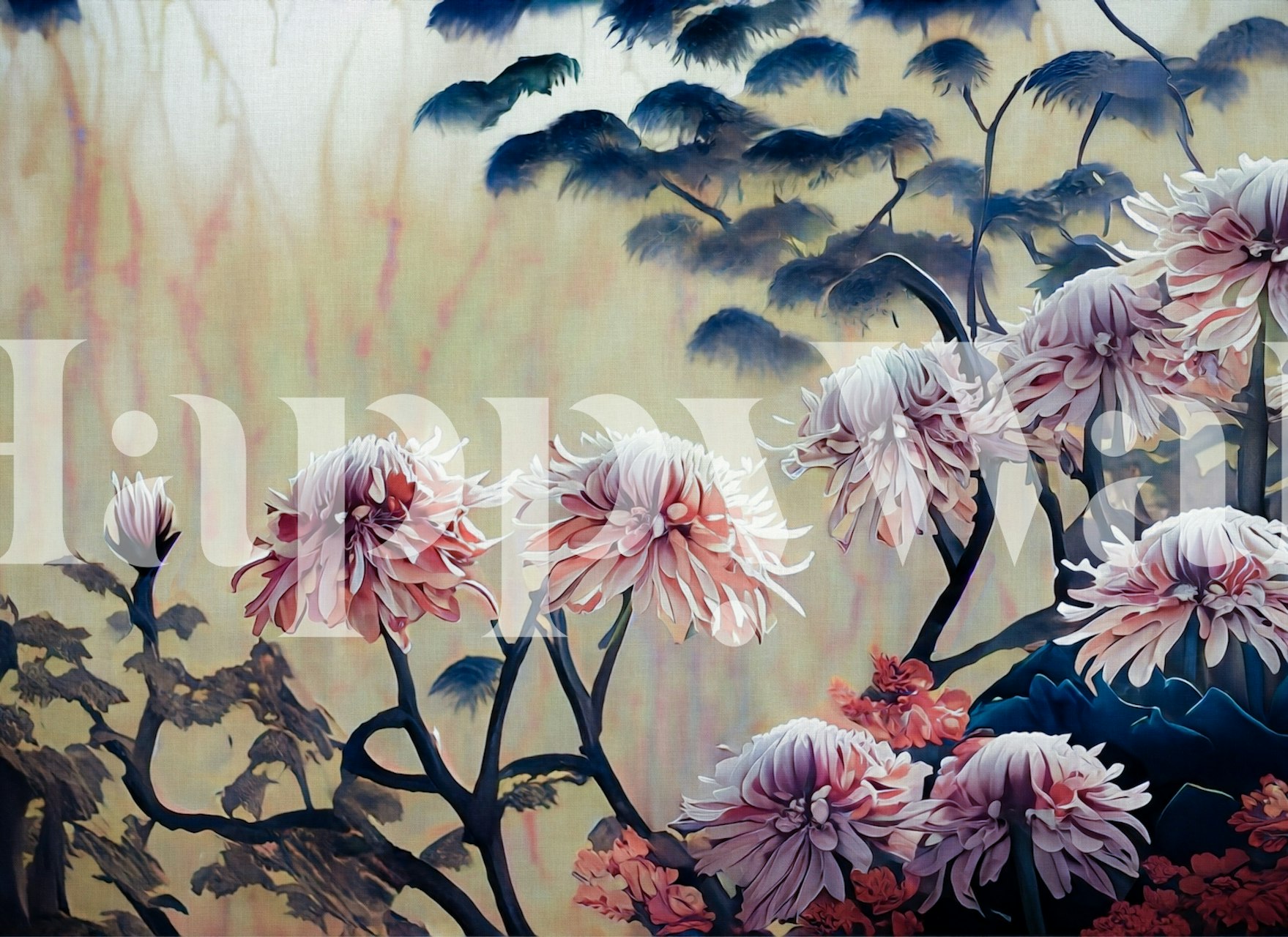 Asian fall floral wallpaper design displayed in a room.