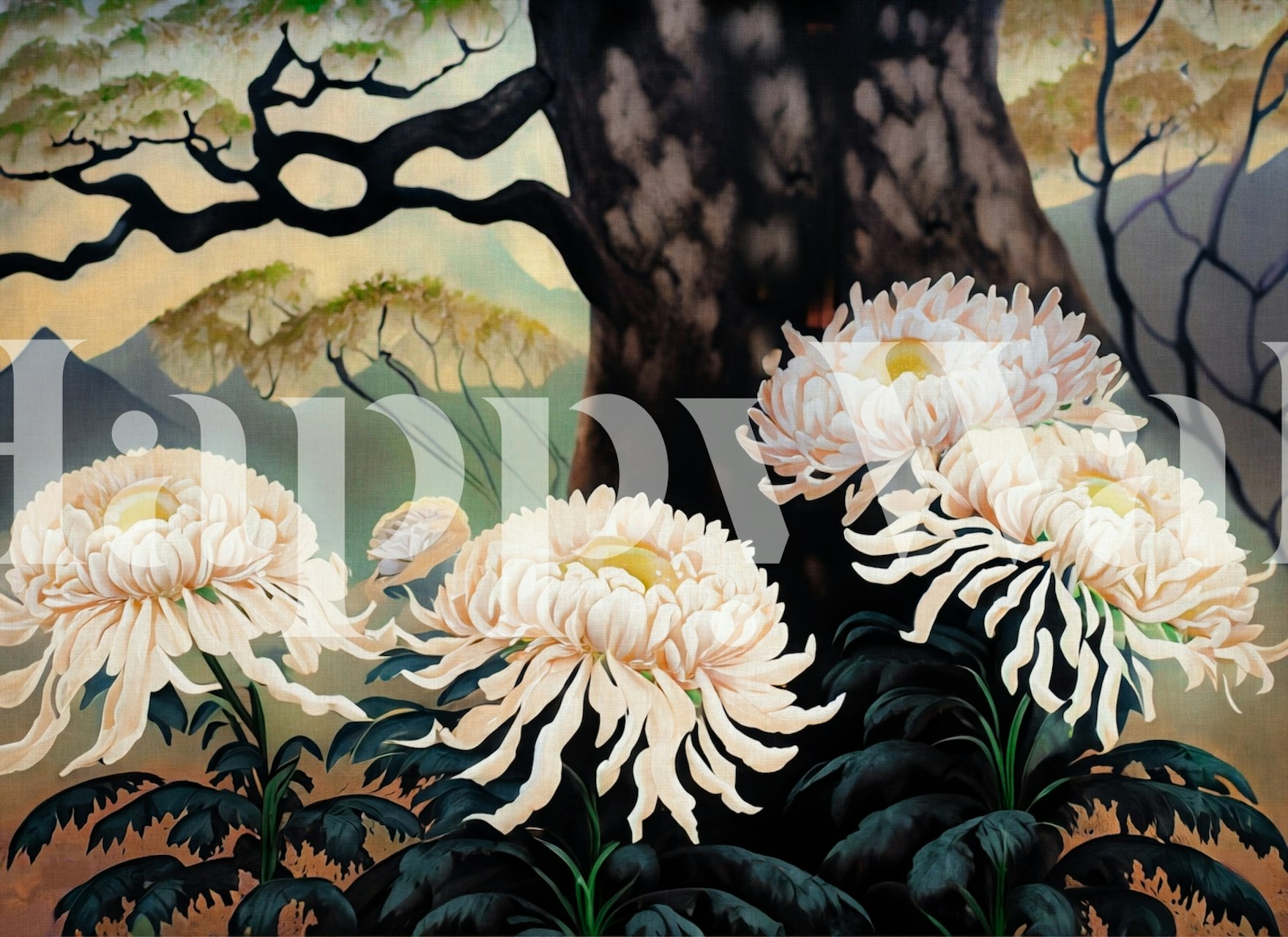 Asian floral wallpaper featuring soft cream flowers and green foliage.