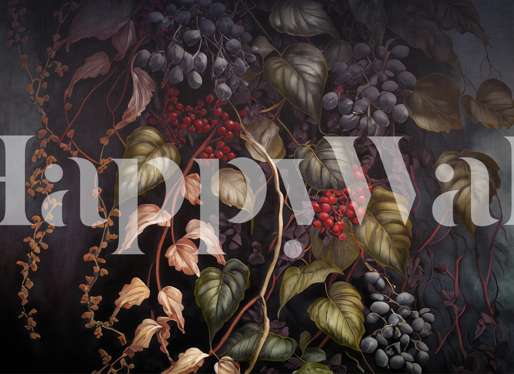 Botanical wallpaper design with winter leaves and red berries