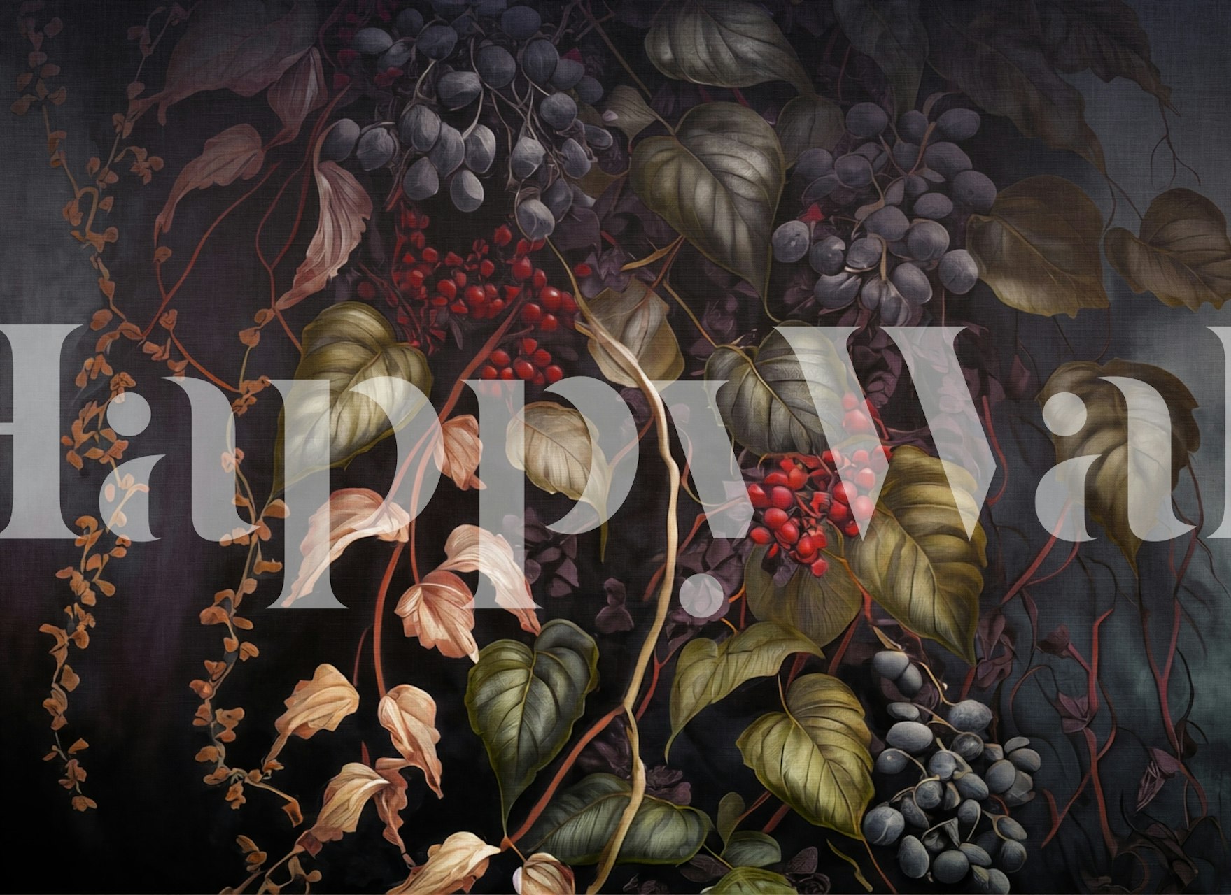 Botanical wallpaper design with winter leaves and red berries
