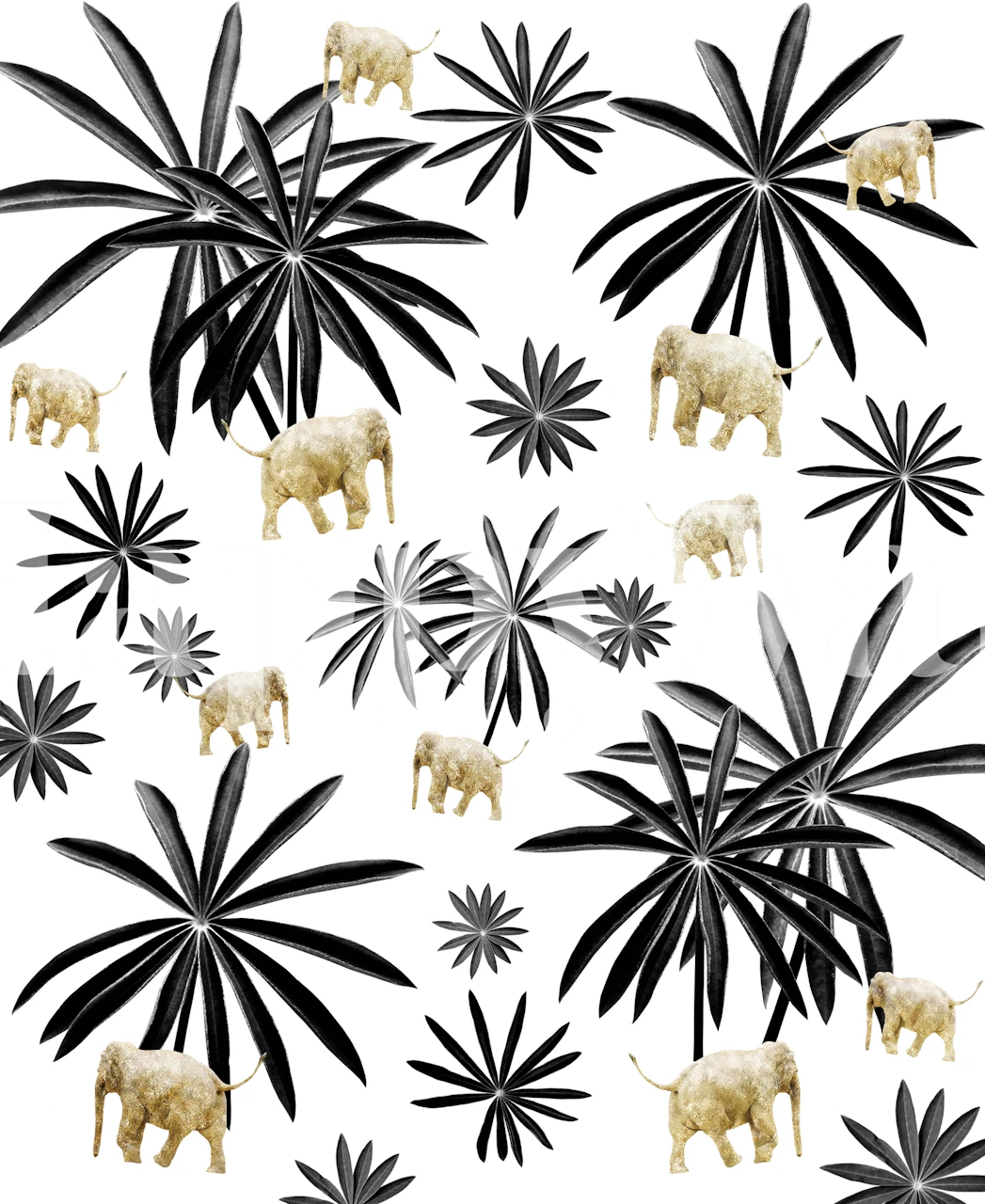 Black and white jungle wallpaper with elephants and palms.