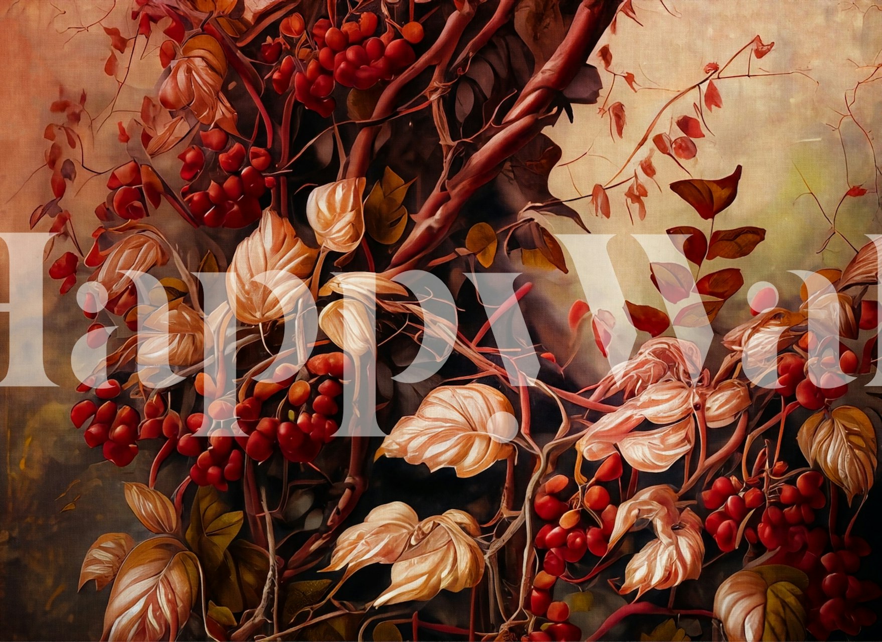 Wallpaper with red winter leaves and berries