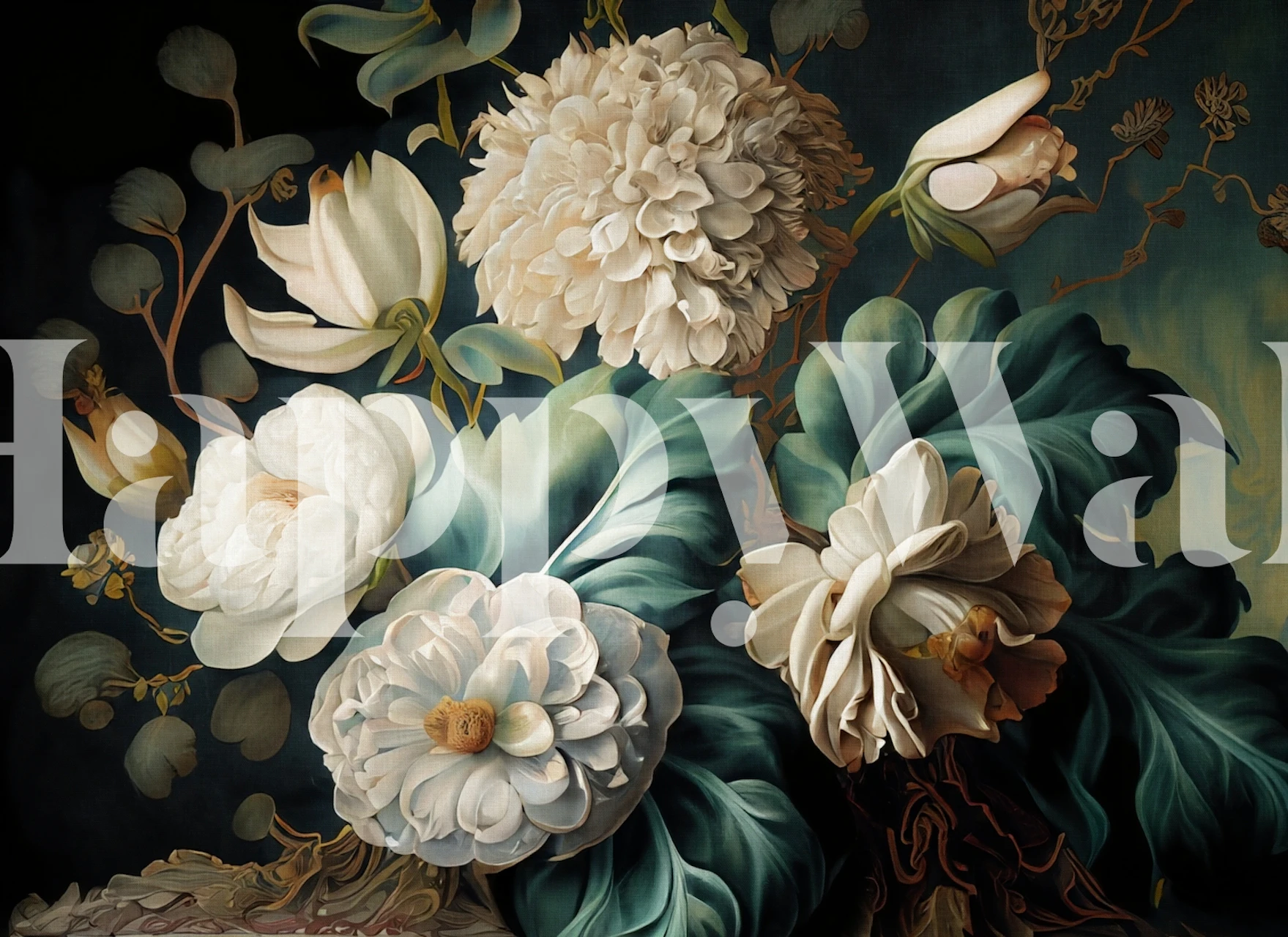 Baroque floral wallpaper featuring large cream flowers and green leaves