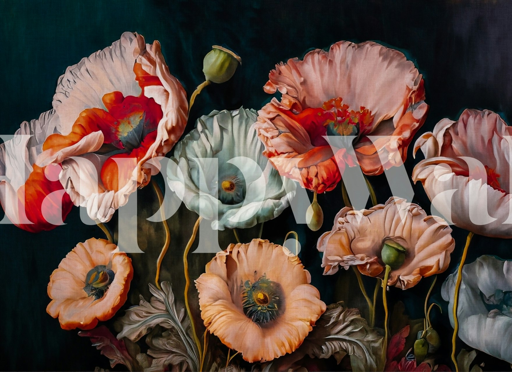 Large vintage floral poppies in soft peach, orange, and teal wallpaper