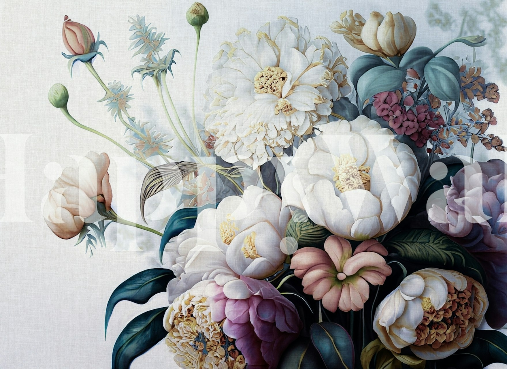 Baroque light flower bouquet wallpaper in a room