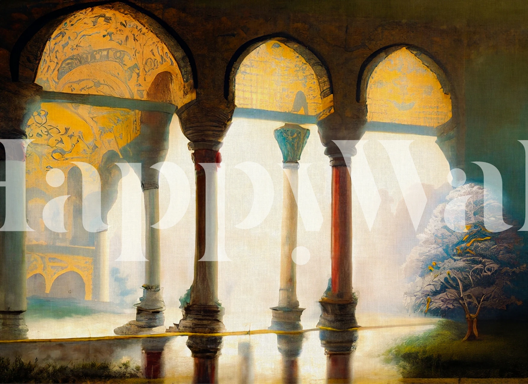 Intricate columns with pastel hues and a tree in a palace setting wallpaper