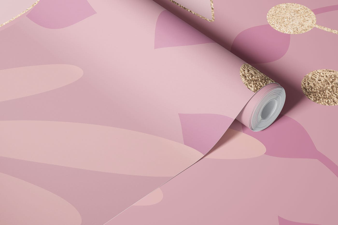 Pink Botanical Graphic Leaf Shapes And Gold Line wallpaper roll