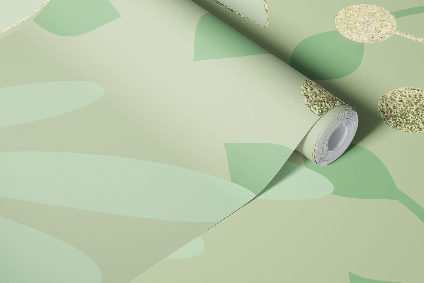 Green Botanical Graphic Leaf Shapes And Gold Line wallpaper roll