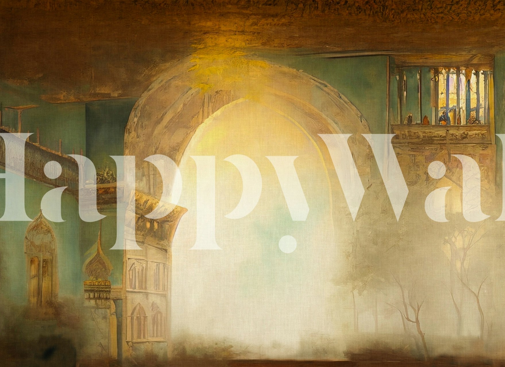 Elegant oriental palace wallpaper with soft colors, intricate archways, and decorative motifs