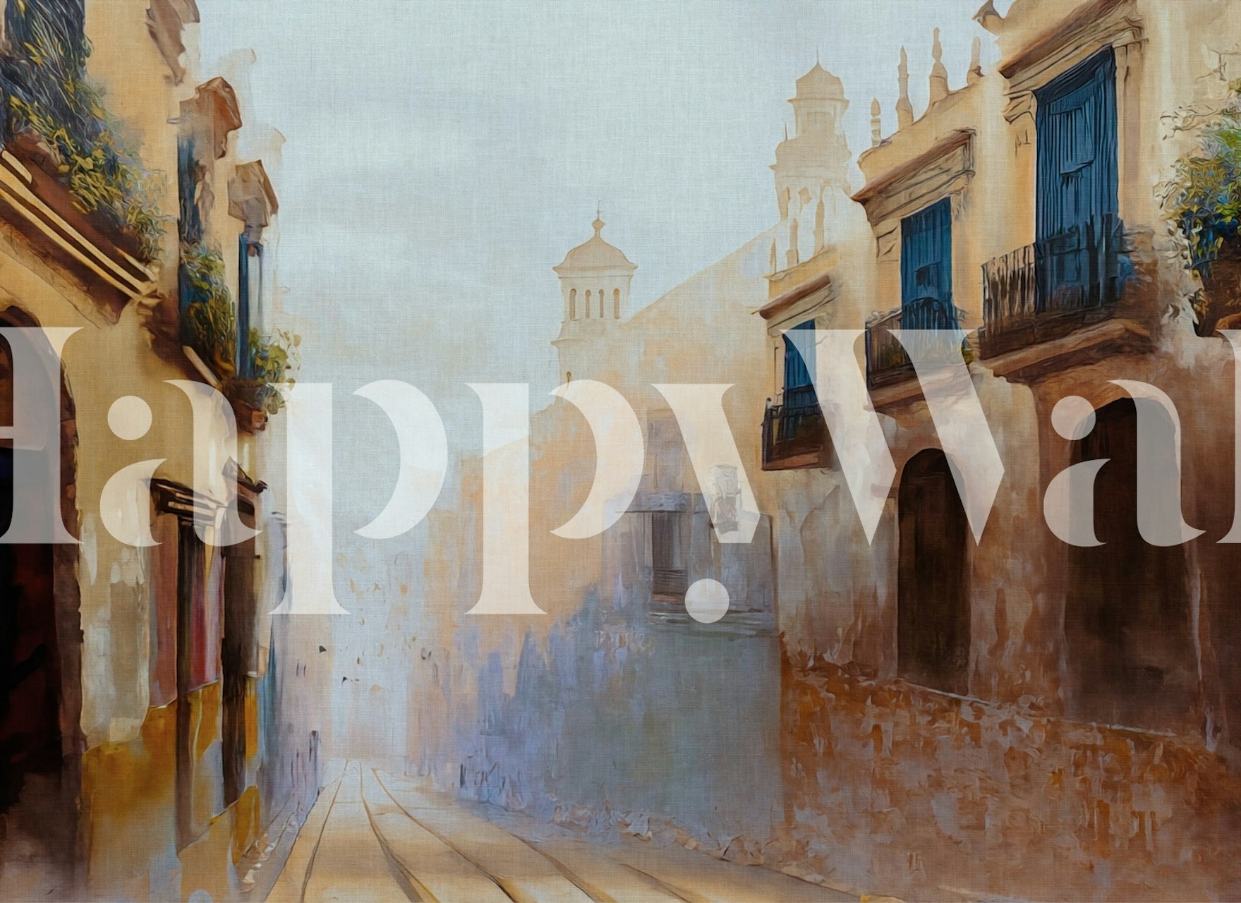 Old Spanish street painting wallpaper in a room