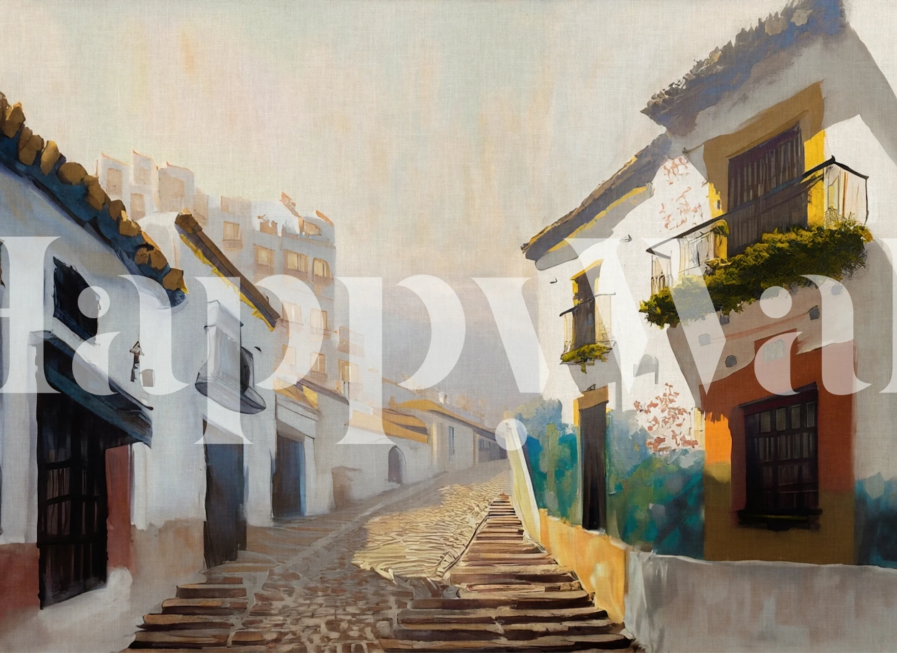 Street scene with white buildings and cobblestone pathways wallpaper