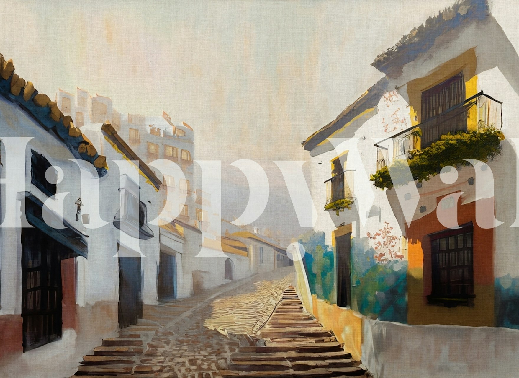 Street scene with white buildings and cobblestone pathways wallpaper