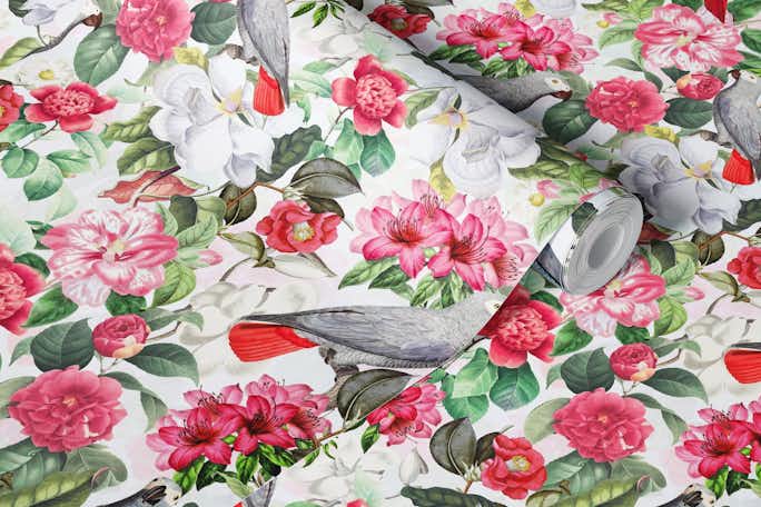 Soft Camellia And Birds Tropical Garden wallpaperwallpaper roll