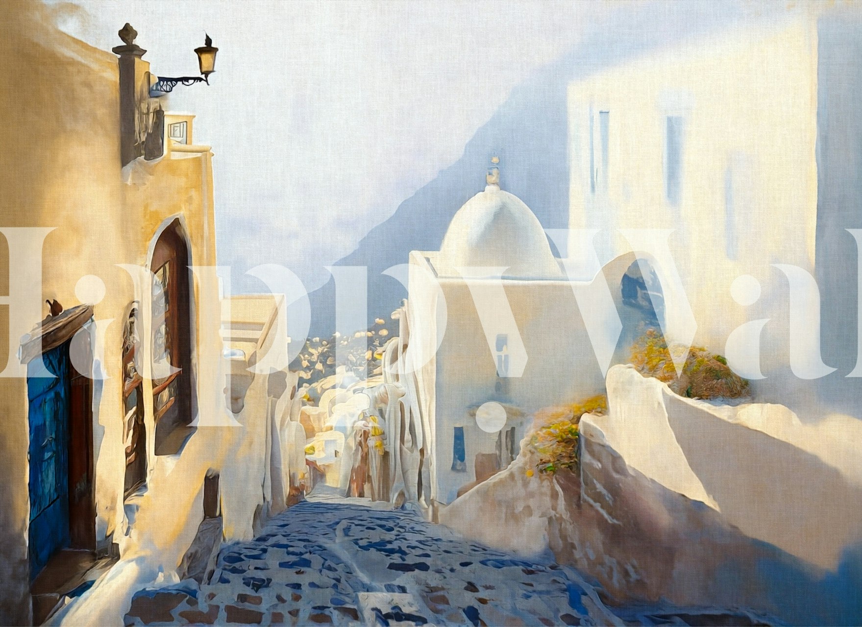 Beautiful street view of Santorini, white buildings, blue door wallpaper