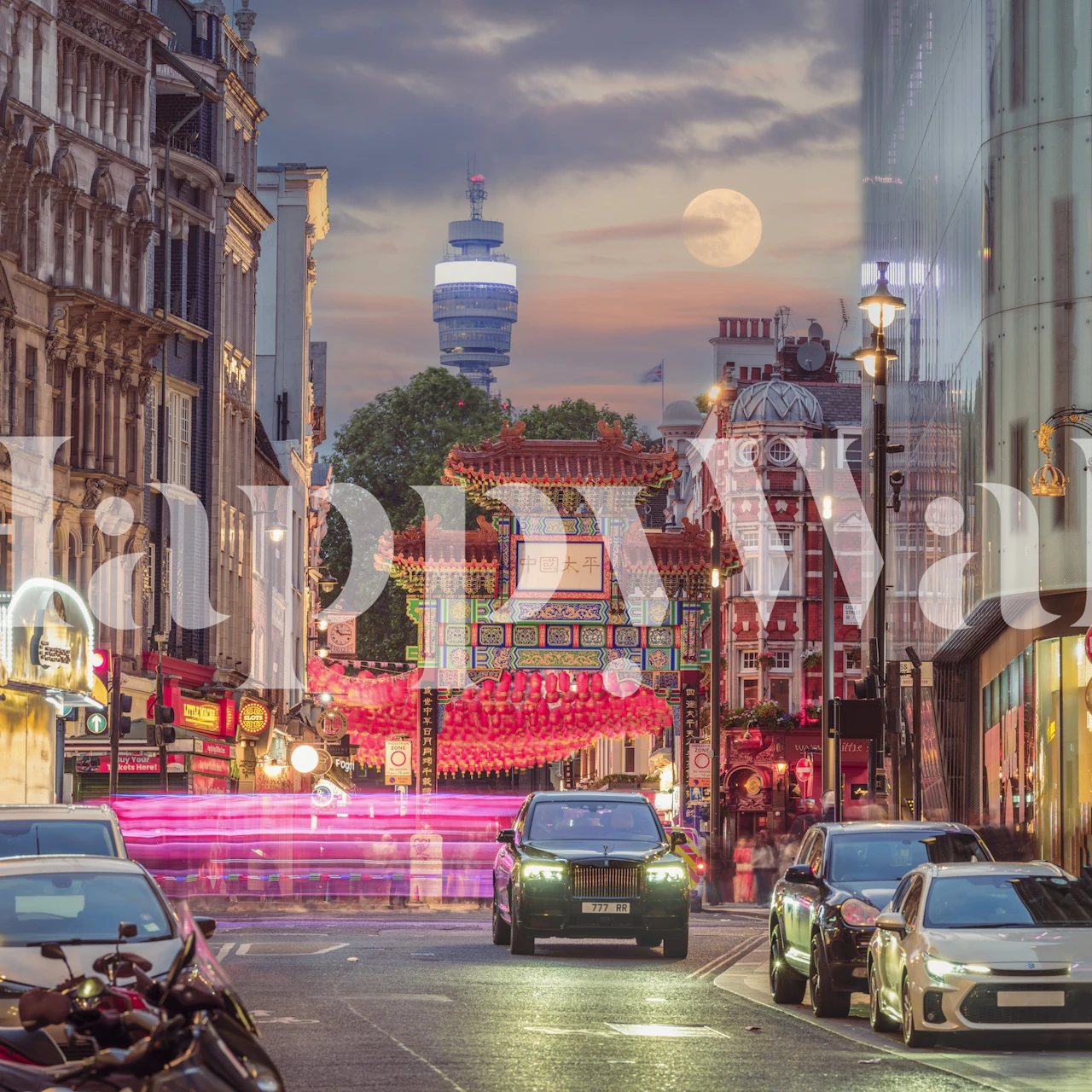 Chinatown street view with sunset and neon lights wall mural