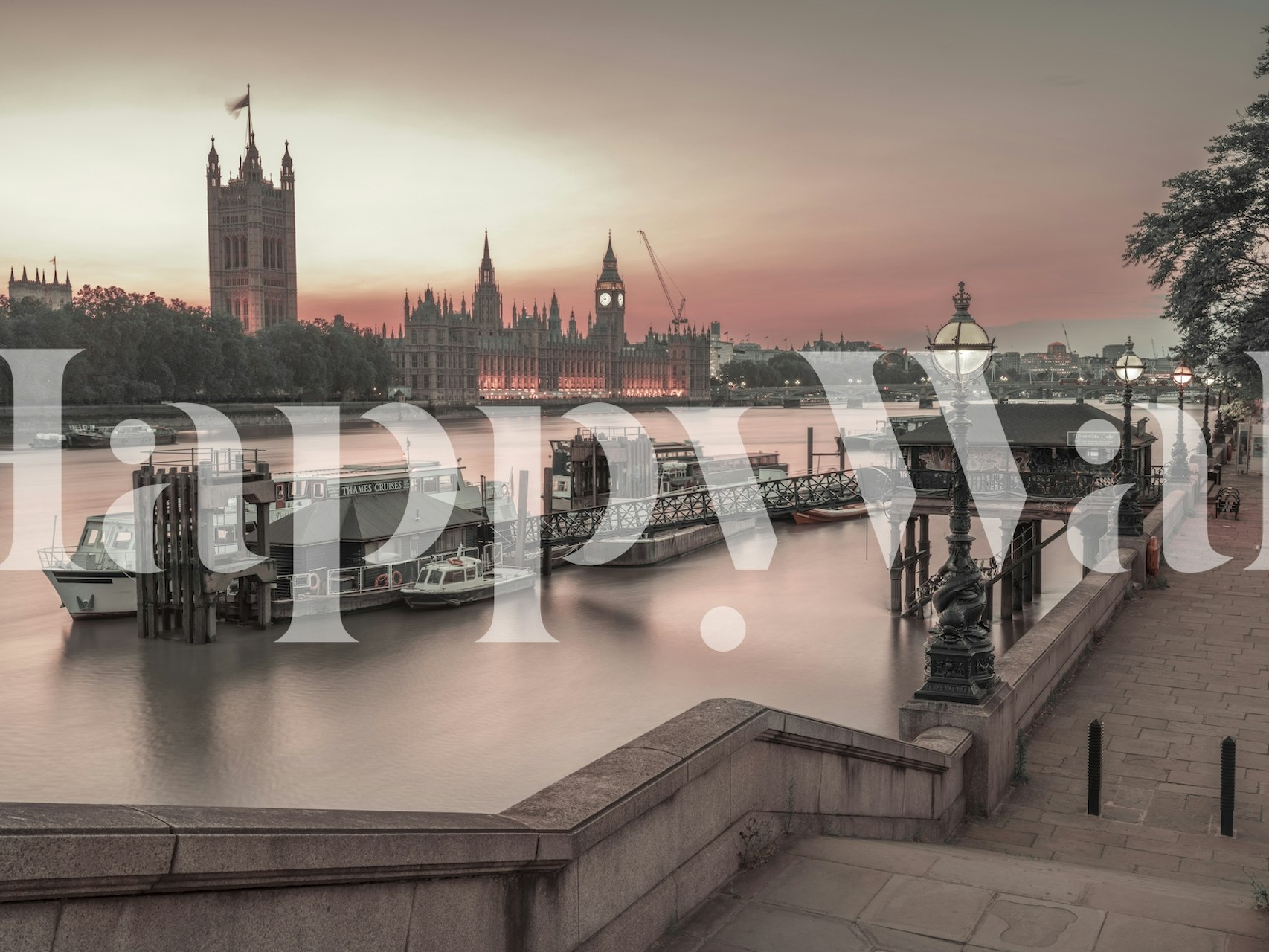 London River View, soft neutrals and pink hues wallpaper