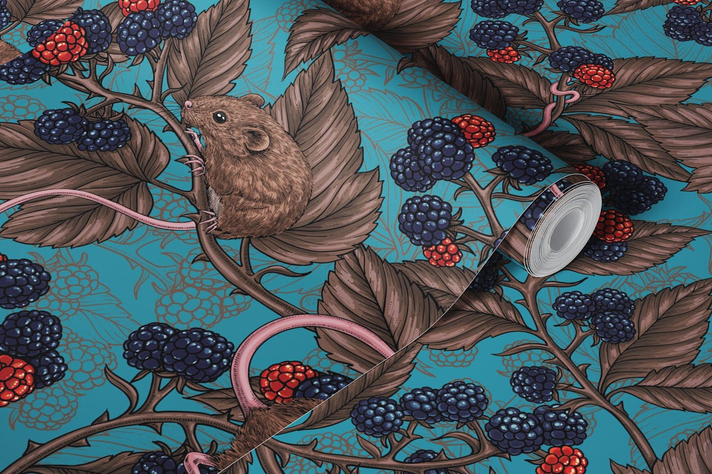 Mice and blackberries on lagoon blue wallpaper roll