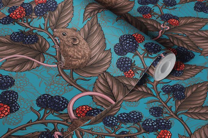 Mice and blackberries on lagoon bluewallpaper roll
