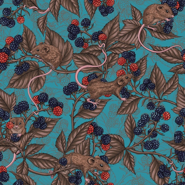 Mice and blackberries on lagoon blue