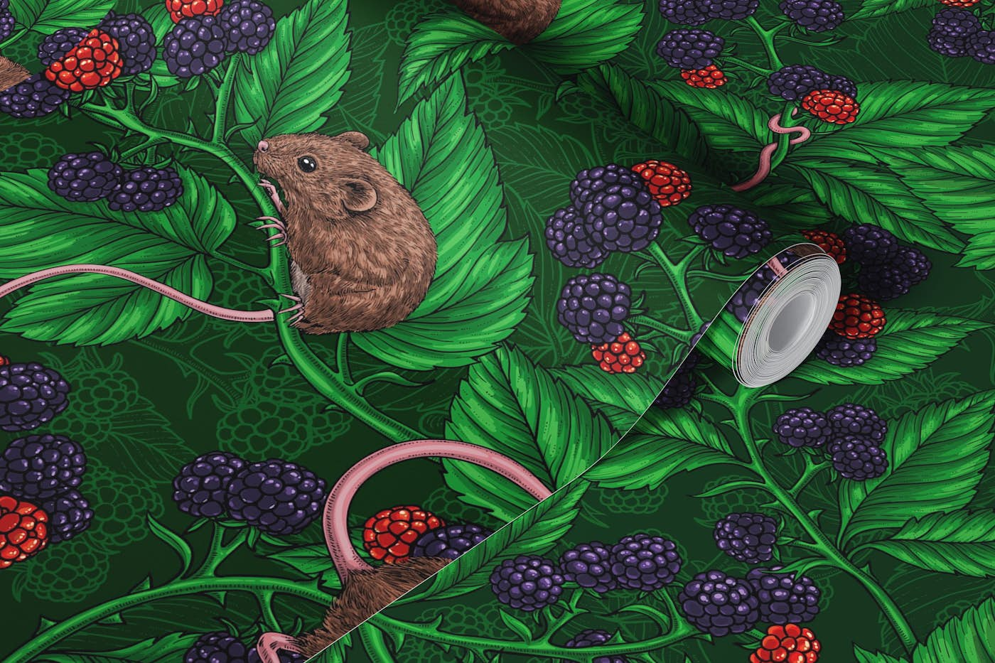 Mice and blackberries on dark green wallpaper roll