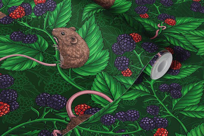 Mice and blackberries on dark greenwallpaper roll