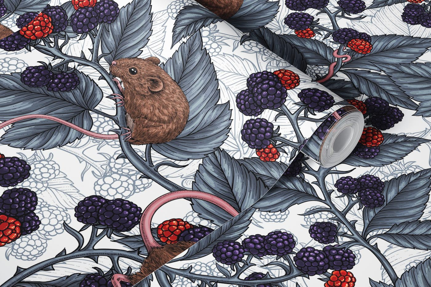 Mice and blackberries on white wallpaper roll