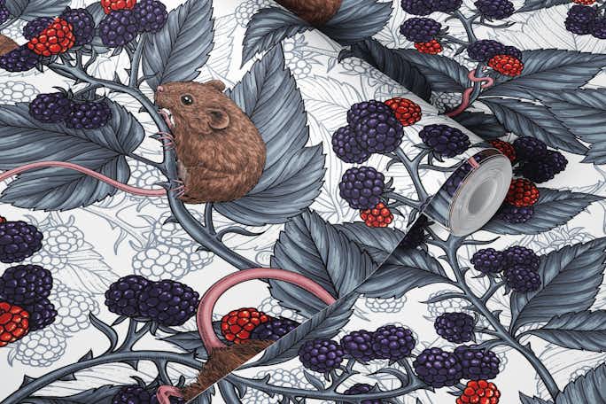 Mice and blackberries on whitewallpaper roll