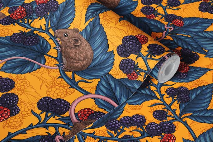Mice and blackberries with blue leaves on yellowwallpaper roll