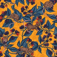 Mice and blackberries with blue leaves on yellow papiers peint