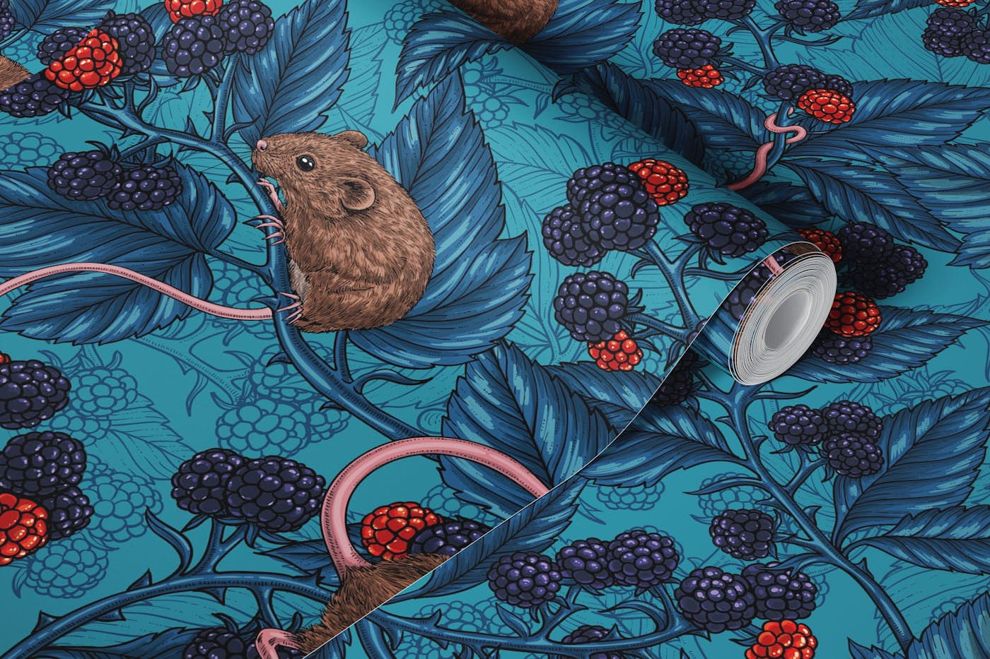 Mice and blackberries on turquoise wallpaper roll