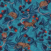 Mice and blackberries on turquoise tapete
