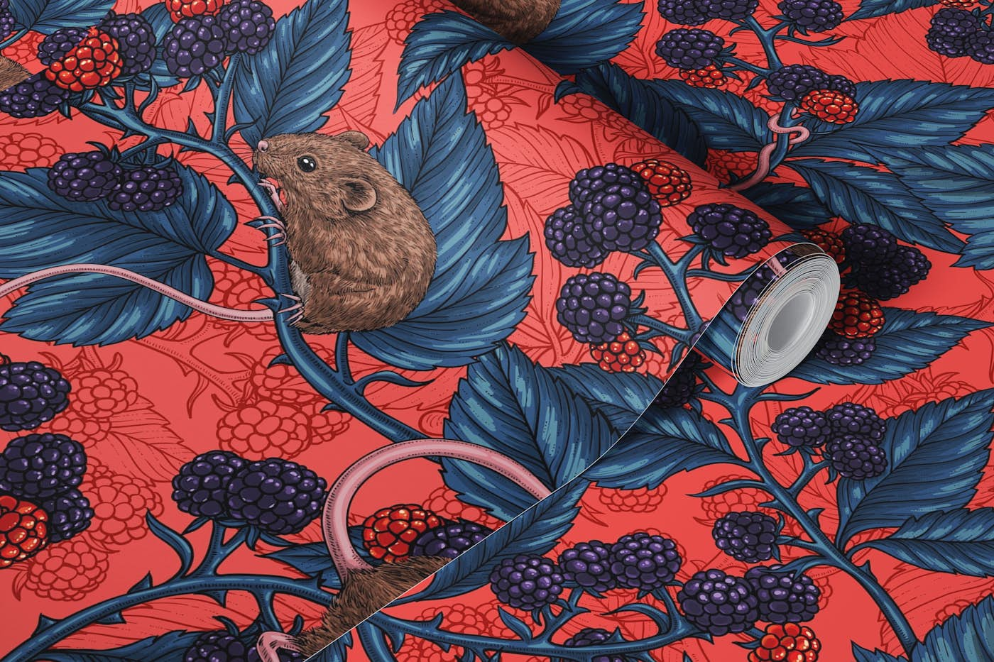 Mice and blackberries on red wallpaper roll