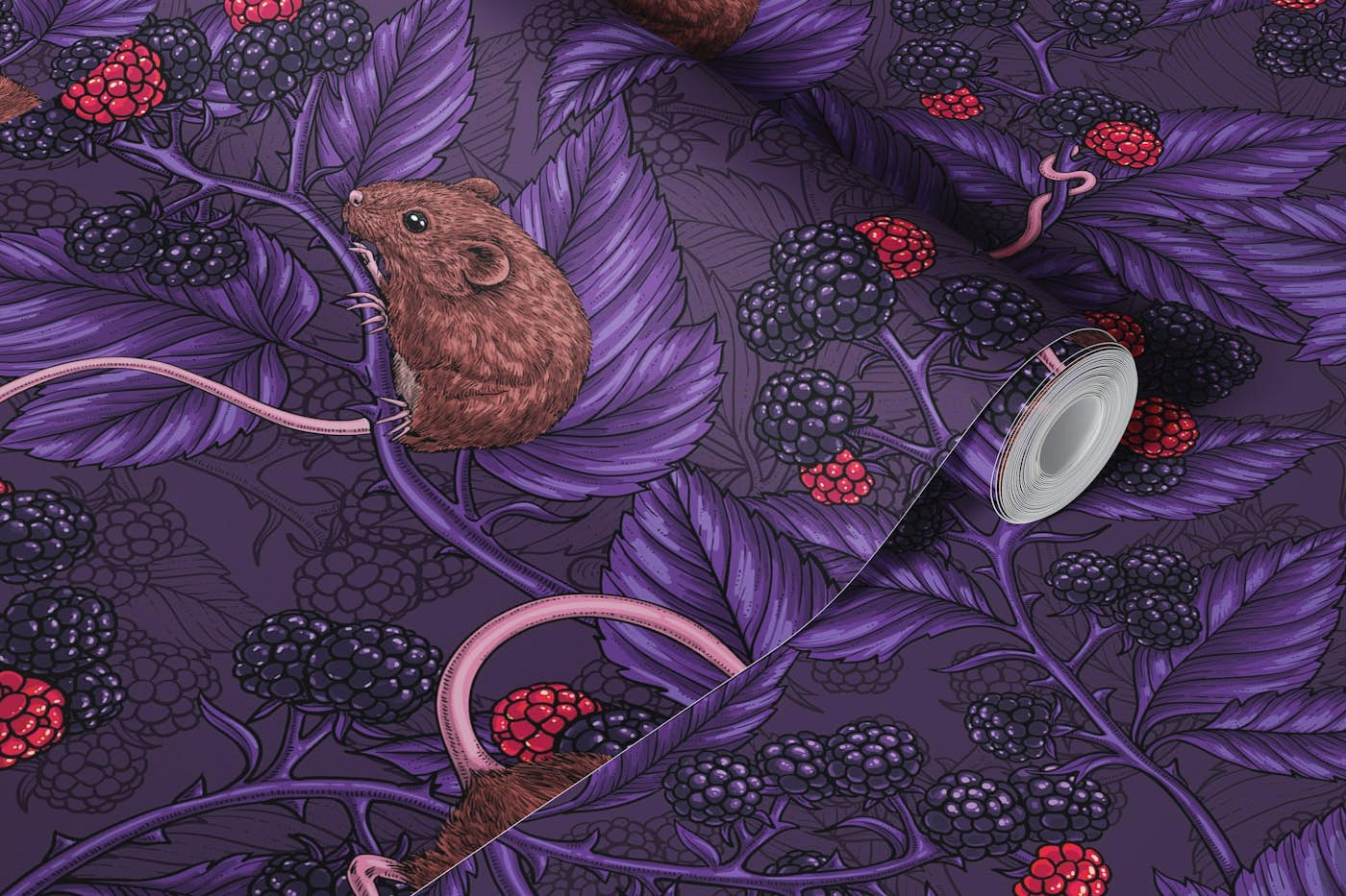 Mice and blackberries on dark violet wallpaper roll