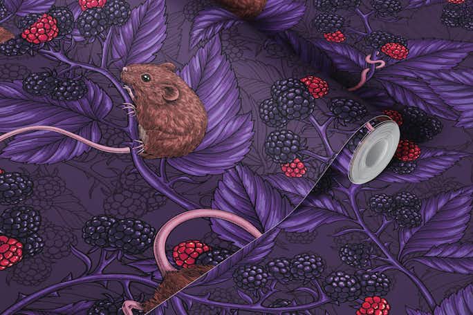 Mice and blackberries on dark violetwallpaper roll