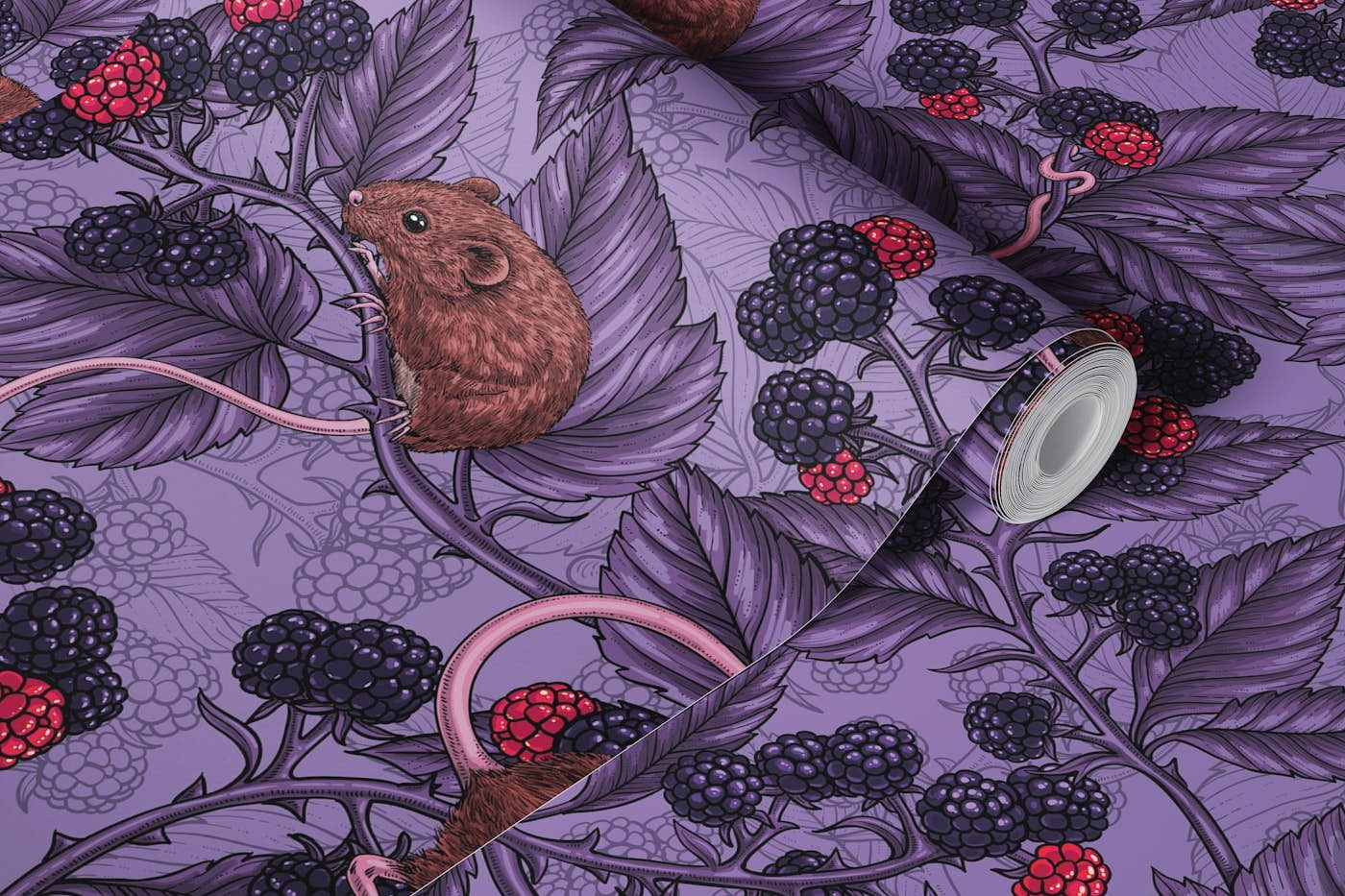 Mice and blackberries on lavender wallpaper roll