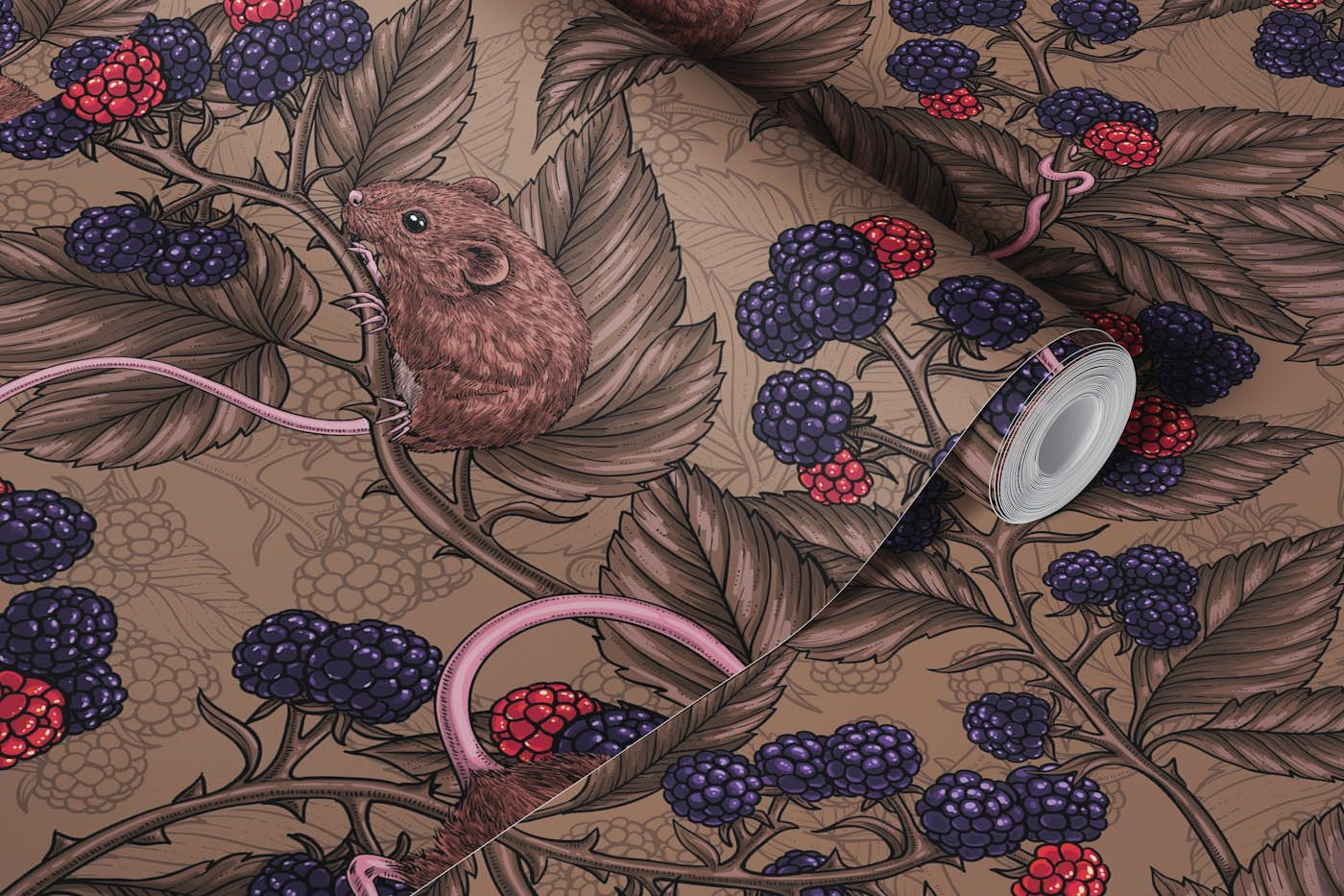 Mice and blackberries on mocha brown wallpaper roll