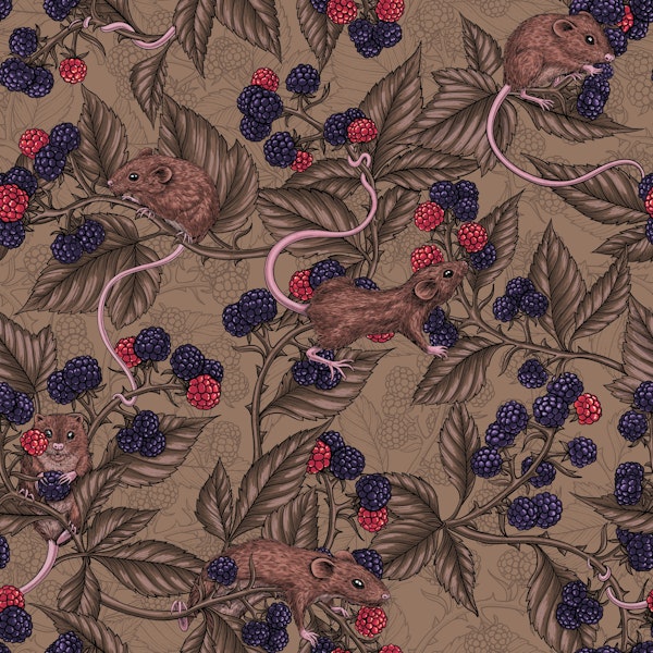 Mice and blackberries on mocha brown