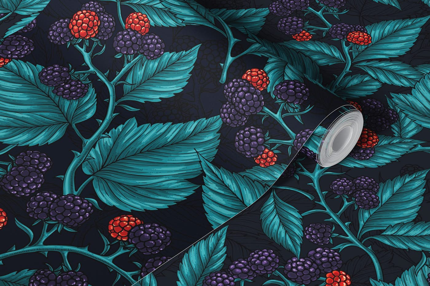 Blackberries on navy wallpaper roll