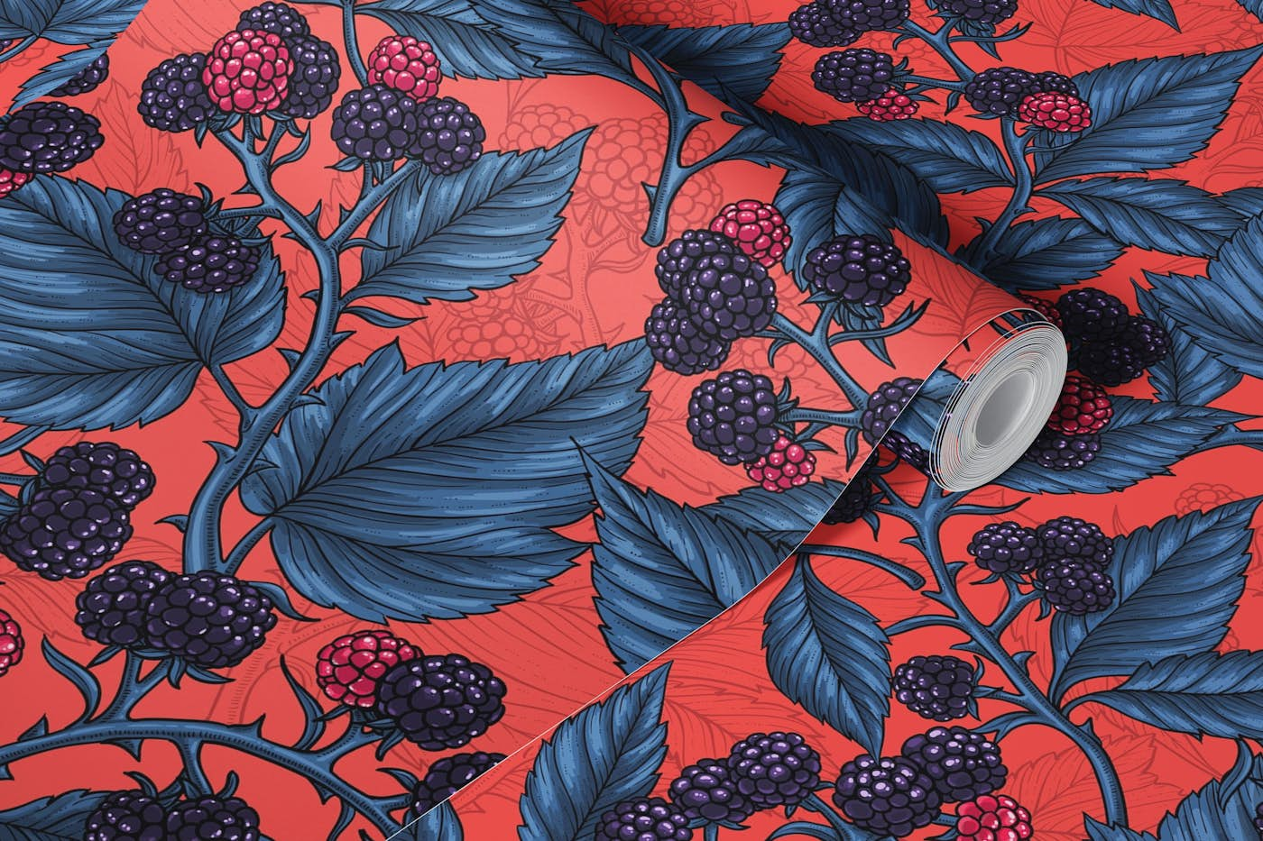 Blackberries on coral red wallpaper roll